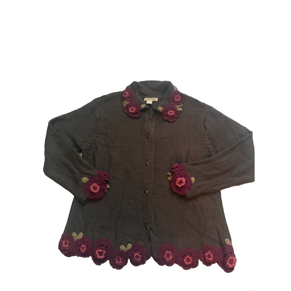 Vintage 90s Women's Wool Acrylic Brown Button Sweater Flower Detail Y2K QVC